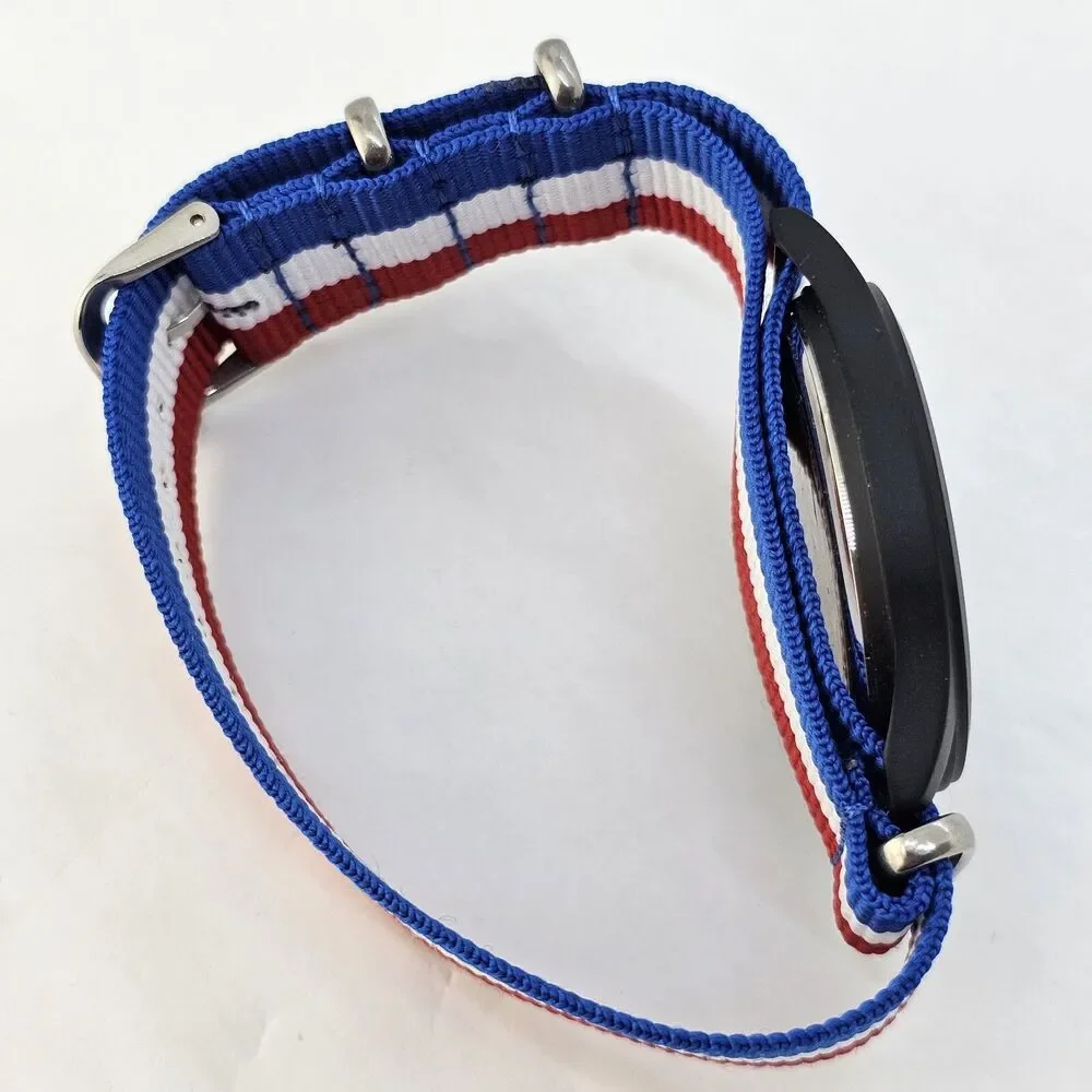 Field Men's Watch 42MM Black Dial Black Case Blue White Red Canvas Band‎ Strap